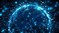 Glowing blue network sphere with connected dots and lines on dark background, representing global digital connectivity and technological advancement.