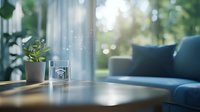 Tranquil living room interior with soft natural light, blue sofa, wooden coffee table and potted plant against sheer curtains creating peaceful morning atmosphere.