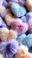 Soft fluffy fur pom poms in pastel pink, blue, peach and purple colors create dreamy textured background pattern for fashion and beauty designs.
