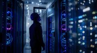 Silhouette of male IT professional standing in modern data center server room with blue LED lighting and network equipment for technology concepts.