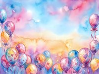 Watercolor balloons frame with pastel sky background for party invitations, greeting cards and celebration designs on white isolated backdrop.