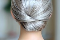 Elegant low bun hairstyle with platinum silver hair shown from behind, twisted and wrapped in classic updo style. Professional salon styling for special occasions.