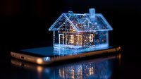 Glowing holographic house model floating above smartphone screen, representing smart home technology and digital real estate innovation in blue light.
