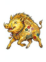 Golden pig with ornate floral patterns and decorative bow, isolated on white background. Suitable for festive designs, t-shirts, and clipart applications.