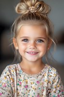 Young Caucasian girl with blonde hair in bun wearing floral print sweater smiles warmly at camera. Blue eyes and pearl earrings complete natural portrait.