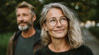 Mature couple enjoying outdoor walk, woman with glasses and wavy gray hair smiling in foreground, man with beard in background. Portrays aging gracefully.