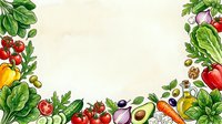 Fresh organic vegetables and herbs arranged as decorative border frame on cream background, featuring tomatoes, lettuce, peppers, avocado, and olives for healthy eating and cooking designs.