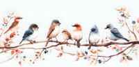 Watercolor illustration of small songbirds perched on branch with coral and blue berries, perfect for nursery decor, greeting cards and nature-inspired designs.