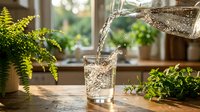 Water pouring into glass on wooden table with green plants and sunlit window in background, suitable for wellness and hydration content.
