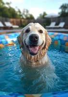 Golden retriever swimming in resort pool with colorful tiles, smiling at camera during summer vacation, pet leisure and recreation concept.