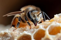 Macro close-up of honey bee collecting nectar from honeycomb cells, showing detailed head, antennae and body segments against dark background.