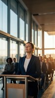 Professional businesswoman with closed eyes breathing deeply in modern office with large windows and warm sunlight, corporate wellness and mindfulness concept.