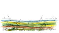 Watercolor landscape with rolling green hills and grass strokes in artistic sketch style for nature designs and countryside illustrations.