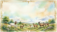 Herd of deer grazing in pastoral meadow landscape with rolling hills, trees, and cloudy sky, framed with ornate gold border, suitable for nature prints and wildlife decor.