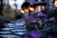 Magical purple mushrooms along stone path with glowing cottage windows in background, creating enchanted forest atmosphere at dusk among purple wildflowers.