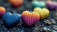Colorful heart-shaped candies with ribbed texture on dark background with glitter. Romantic sweets in blue, pink, yellow and purple colors create festive mood.