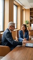 Senior male executive and middle-aged female professional in business meeting at wooden desk with tablet, modern office interior with warm wood paneling and natural light for corporate communication.