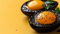 Raw egg yolks nestled in black squid ink buns garnished with sesame seeds and fresh herbs against vibrant yellow background, modern Asian fusion cuisine.
