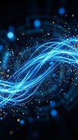 Glowing blue light waves and particles flow across dark background, representing digital data transfer, network connectivity, technology innovation, and futuristic communication systems for tech design projects.