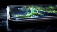 Glowing green circuit paths emerge from smartphone surface creating futuristic cityscape silhouette, digital transformation concept on dark background.