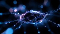 Glowing neuron cell with synaptic connections on dark background, illuminated with blue and purple light creating abstract scientific visualization.