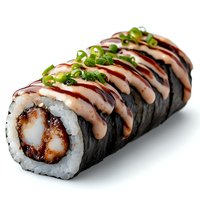 Fresh sushi roll with grilled eel, cream sauce and green onion garnish on white background, drizzled with sweet soy sauce and spicy mayo.