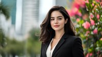 Young professional woman in black blazer smiling confidently outdoors with urban background and pink flowers. Natural makeup, long dark hair styled casually. Corporate portrait.