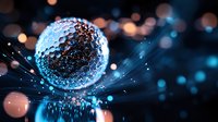 Digital sphere with hexagonal pattern glowing blue against dark background with bokeh lights and data streams for technology presentations.