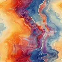 Abstract fluid art background with vibrant orange, purple and blue swirling patterns creating topographic-like lines and organic marble texture.