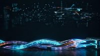 Digital data stream flowing with glowing blue and orange neon light trails, representing technology, connectivity, and information transfer for digital backgrounds and tech concepts.