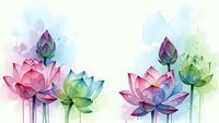 Watercolor lotus flowers in pink, purple, blue and green hues with soft paint splatters on white background for meditation and wellness designs.