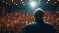Middle-aged businessman in suit facing large audience from stage with dramatic lighting and bokeh effects for corporate presentation concepts.