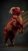 Majestic red ram with golden horns and ornate baroque patterns standing upright in dramatic pose against dark background for luxury design projects.