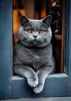 Majestic British shorthair cat with bright amber eyes sitting in blue window frame against warm interior background, displaying regal and attentive pose.