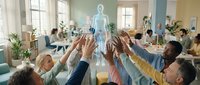 Diverse business team celebrating success with high-five gesture around holographic AI figure in modern bright office workspace during collaboration meeting.