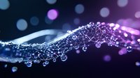 Glowing network connections with purple and blue bokeh lights creating futuristic wave pattern, digital technology concept for business and communication backgrounds.