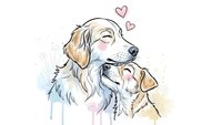 Two adorable dogs showing affection with hearts, watercolor style illustration on white background for pet lovers and romantic designs.