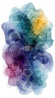 Mystical sacred geometry symbols on colorful watercolor background with spiritual elements including tree of life, all-seeing eye and cosmic patterns.