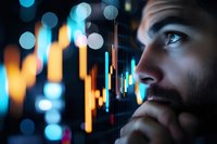 Thoughtful male trader analyzing financial market data with glowing candlestick charts and bokeh lights reflecting in dark environment.