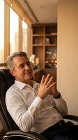 Mature Caucasian businessman in white shirt sitting in office chair with hands clasped, smiling contentedly in warm modern workspace with wooden shelving.