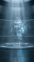 Humanoid figure dissolving into glowing particles within futuristic chamber, representing digital transformation, artificial intelligence, and data visualization for technology concepts.