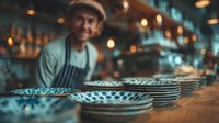 Professional chef in restaurant kitchen preparing dishes with traditional patterned plates, warm lighting creating cozy culinary atmosphere for dining service.