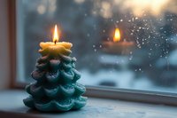 Glowing green Christmas tree shaped candle on windowsill against snowy winter window background creates cozy festive atmosphere during holiday season.