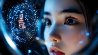 Young Asian woman looking through futuristic holographic interface with glowing blue digital particles and data visualization elements in dark environment.