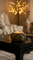 Stone candle holder with burning flame on wooden table creating warm ambiance with golden bokeh lights in cozy living room interior for relaxation and meditation.