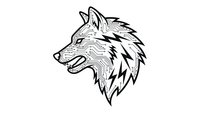 Wolf head profile with open mouth showing teeth in black line art style on white background isolated for logo design and apparel printing.