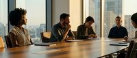 Diverse business team collaborating in modern conference room with city skyline view during productive meeting session.