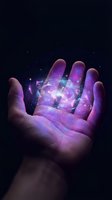 Open palm holding glowing purple cosmic energy with geometric shapes and stars against dark space background for mystical and spiritual designs.