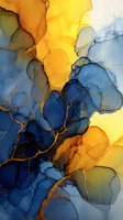 Abstract alcohol ink artwork with flowing blue and golden yellow organic shapes creating dynamic fluid patterns for modern interior design.