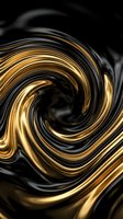Abstract golden and black swirling liquid metal waves creating dynamic spiral motion with glossy reflective surface for luxury design backgrounds.